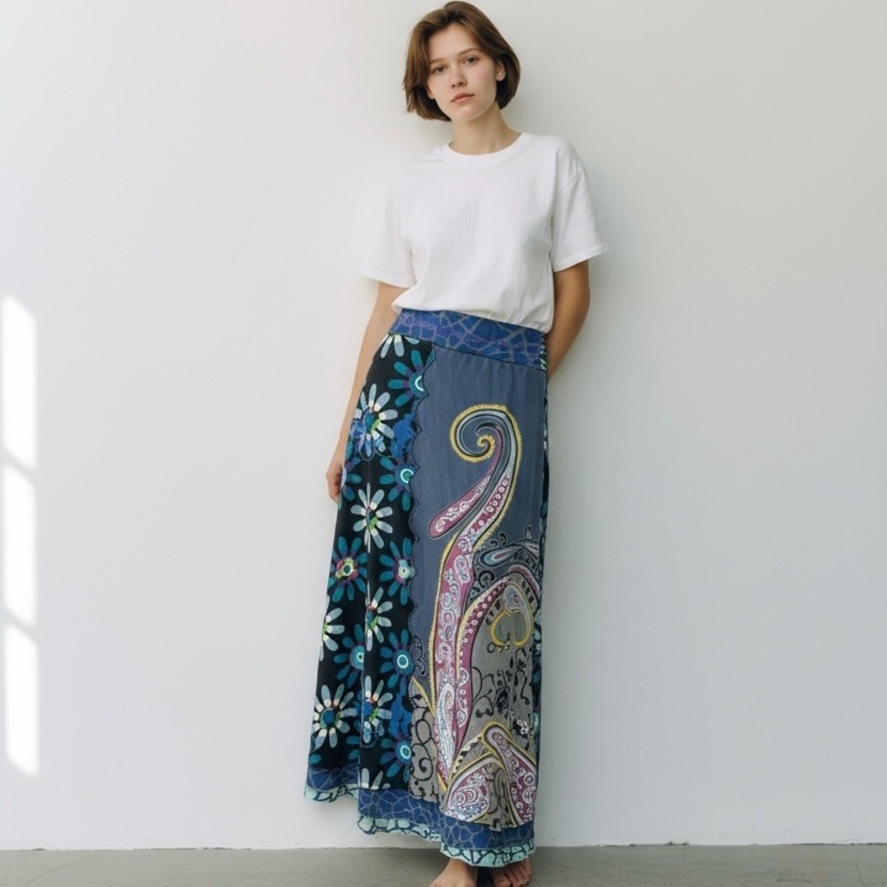 Desigual Womens Blue Paisley Floral Patchwork Cotton Maxi Skirt 09F2789 Size‎ M